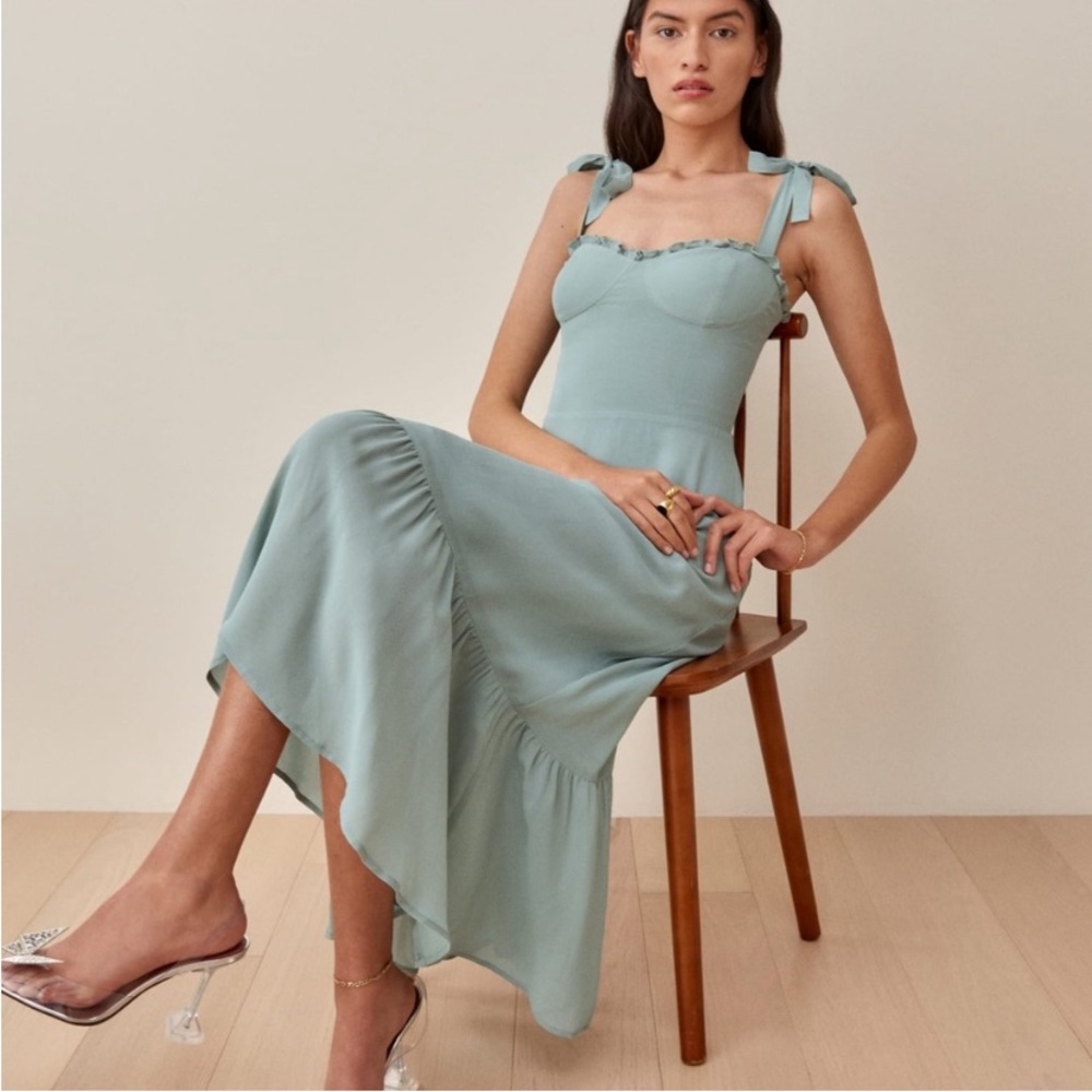 Reformation Sage/Light Blue Tie-Shoulder High-Low Midi Dress